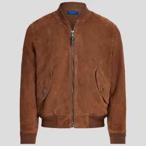 Men's Dark Brown Suede Bomber Jacket