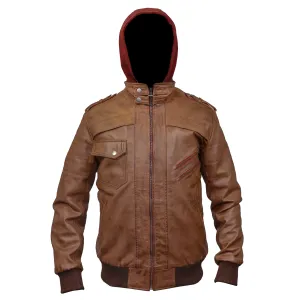 Men's Hooded Tan Wax Leather Bomber Jacket