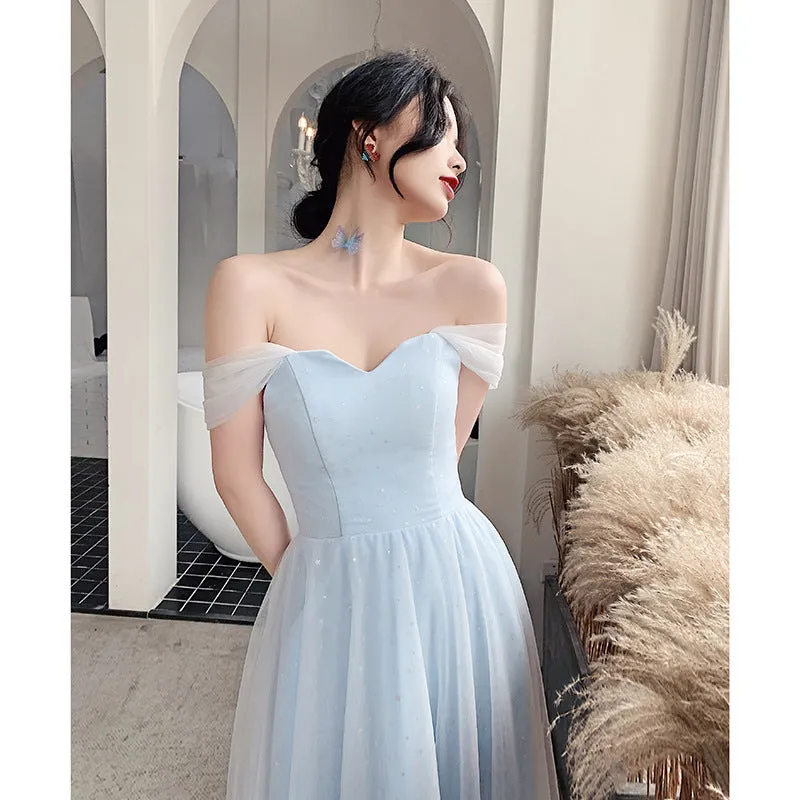 Off Shoulder Baby Blue Prom Dress A Line Tulle Formal Party Gown 690