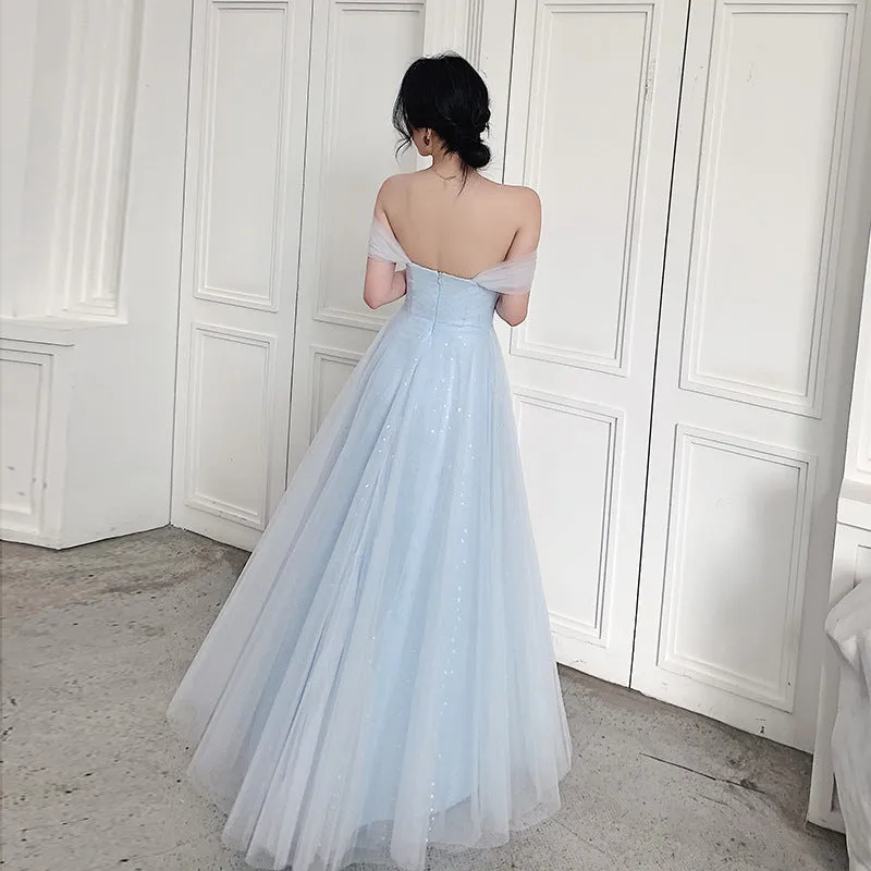 Off Shoulder Baby Blue Prom Dress A Line Tulle Formal Party Gown 690