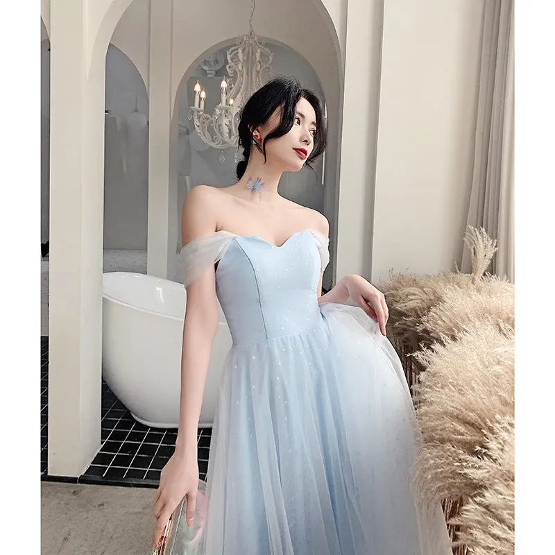 Off Shoulder Baby Blue Prom Dress A Line Tulle Formal Party Gown 690