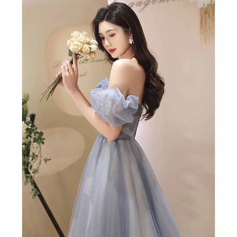 Off Shoulder Blue Sparkly Prom Dress A Line Tulle Puff Sleeves Blue Party Gown 591