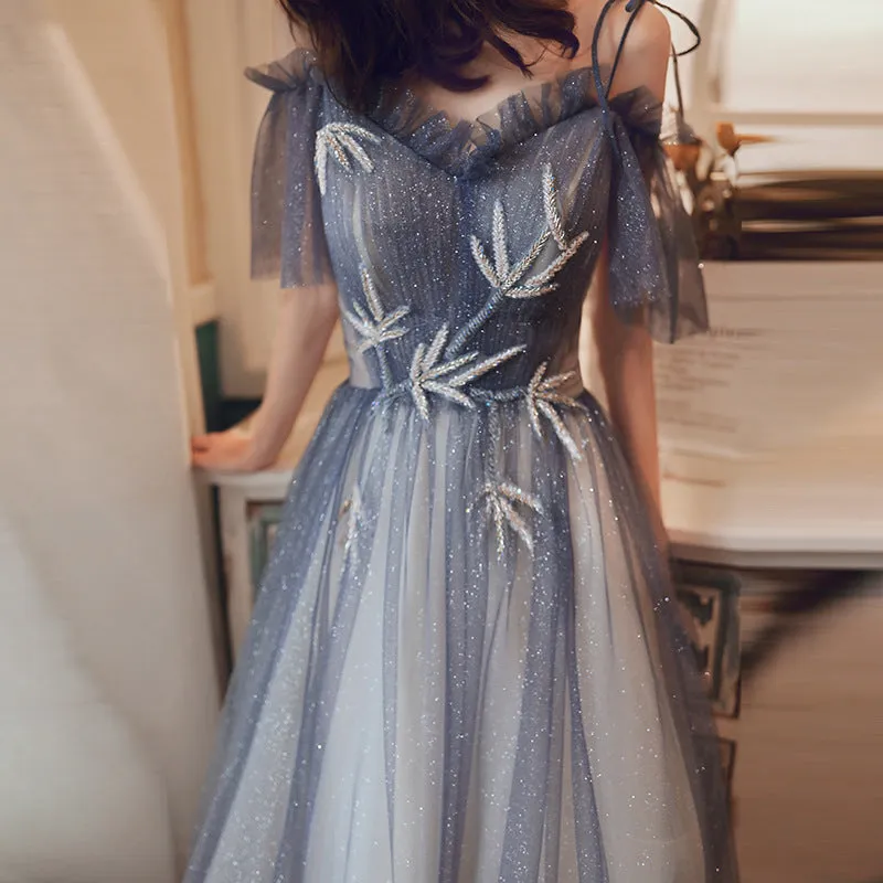 Off Shoulder Gray Blue Gradient Tulle Prom Dress A Line Shiny Long Evening Party Gown 589