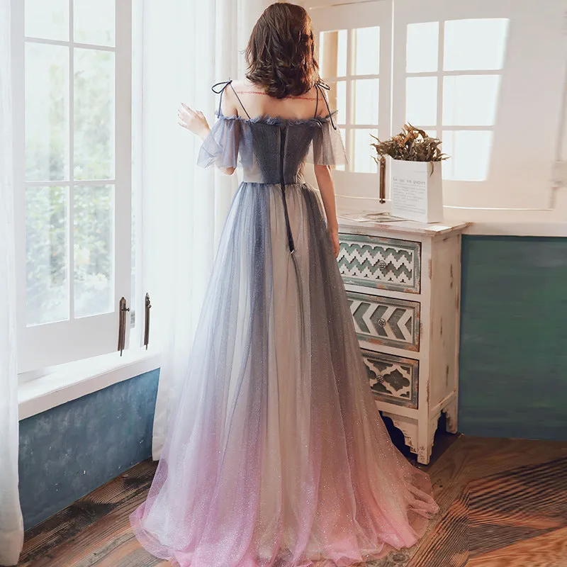 Off Shoulder Gray Blue Gradient Tulle Prom Dress A Line Shiny Long Evening Party Gown 589