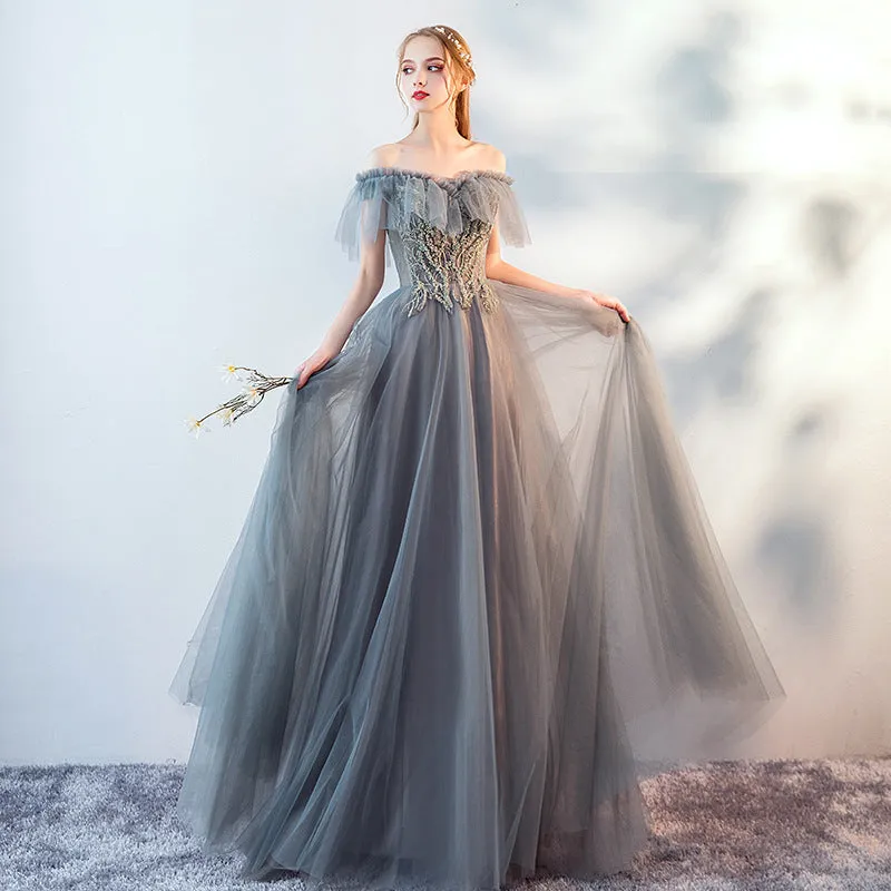 Off Shoulder Gray Long Prom Dress A Line Tulle Formal Evening Gown 600