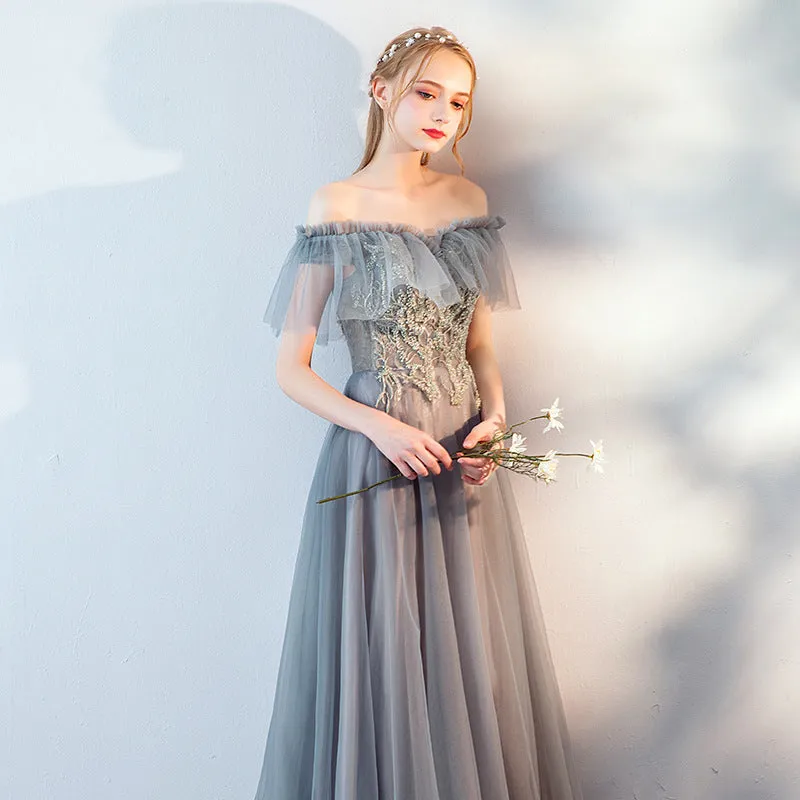 Off Shoulder Gray Long Prom Dress A Line Tulle Formal Evening Gown 600