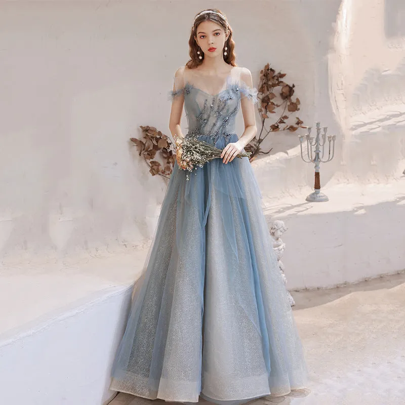 Off Shoulder Light Blue Tulle Prom Dress A Line Formal Party Dress 691