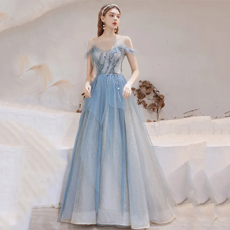 Off Shoulder Light Blue Tulle Prom Dress A Line Formal Party Dress 691