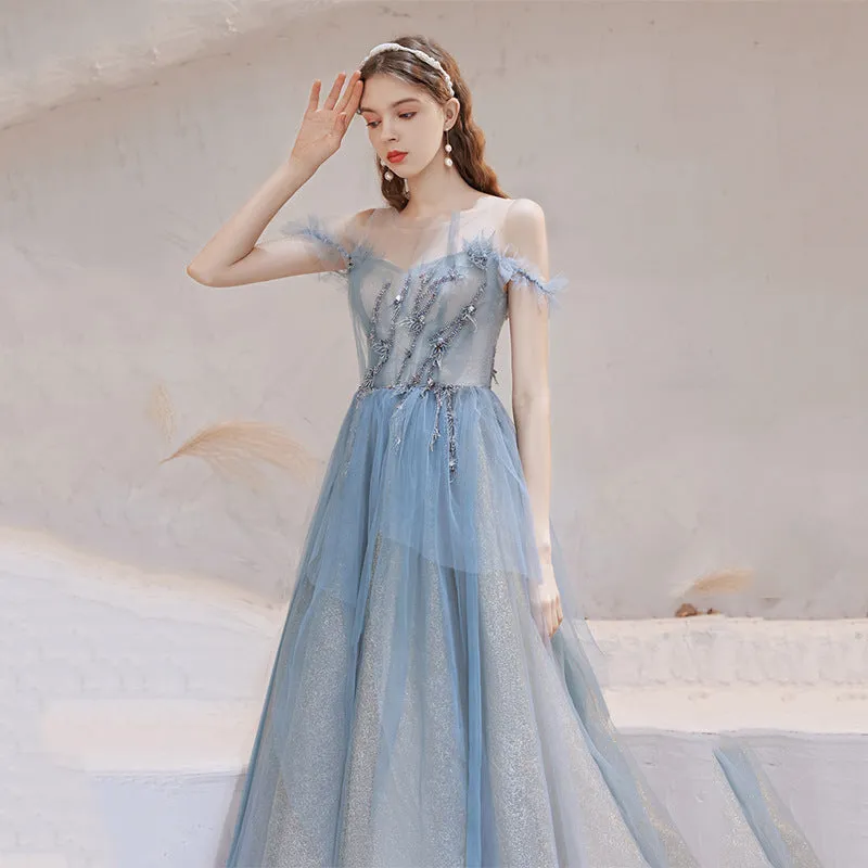 Off Shoulder Light Blue Tulle Prom Dress A Line Formal Party Dress 691