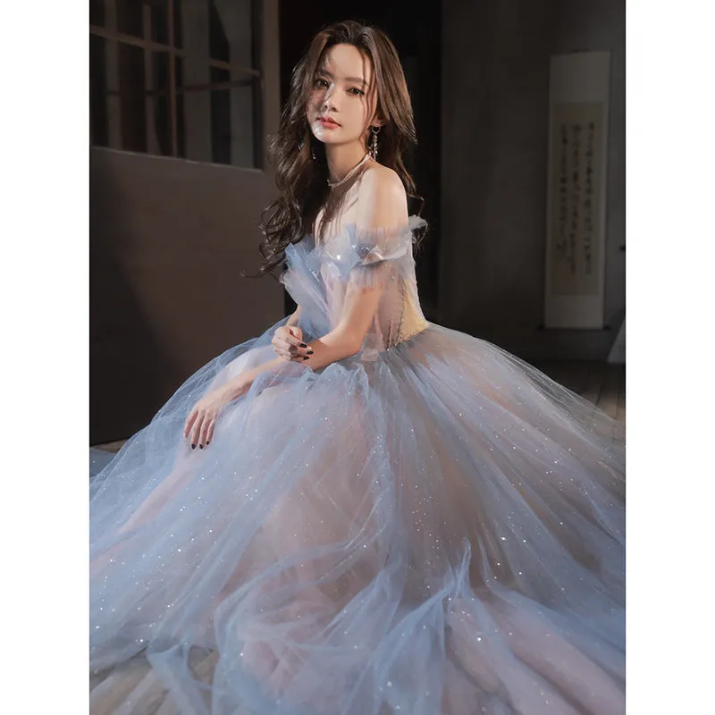 Off Shoulder Sweet Blue Shiny Tulle Prom Dress A Line Formal Party Dress 661