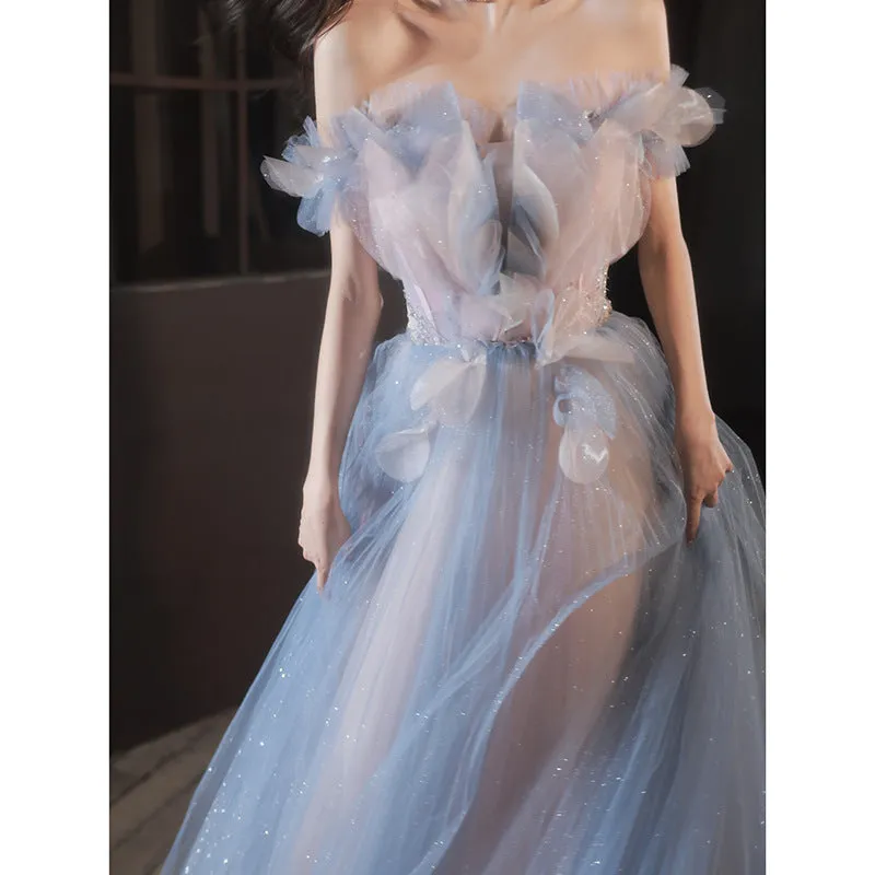 Off Shoulder Sweet Blue Shiny Tulle Prom Dress A Line Formal Party Dress 661