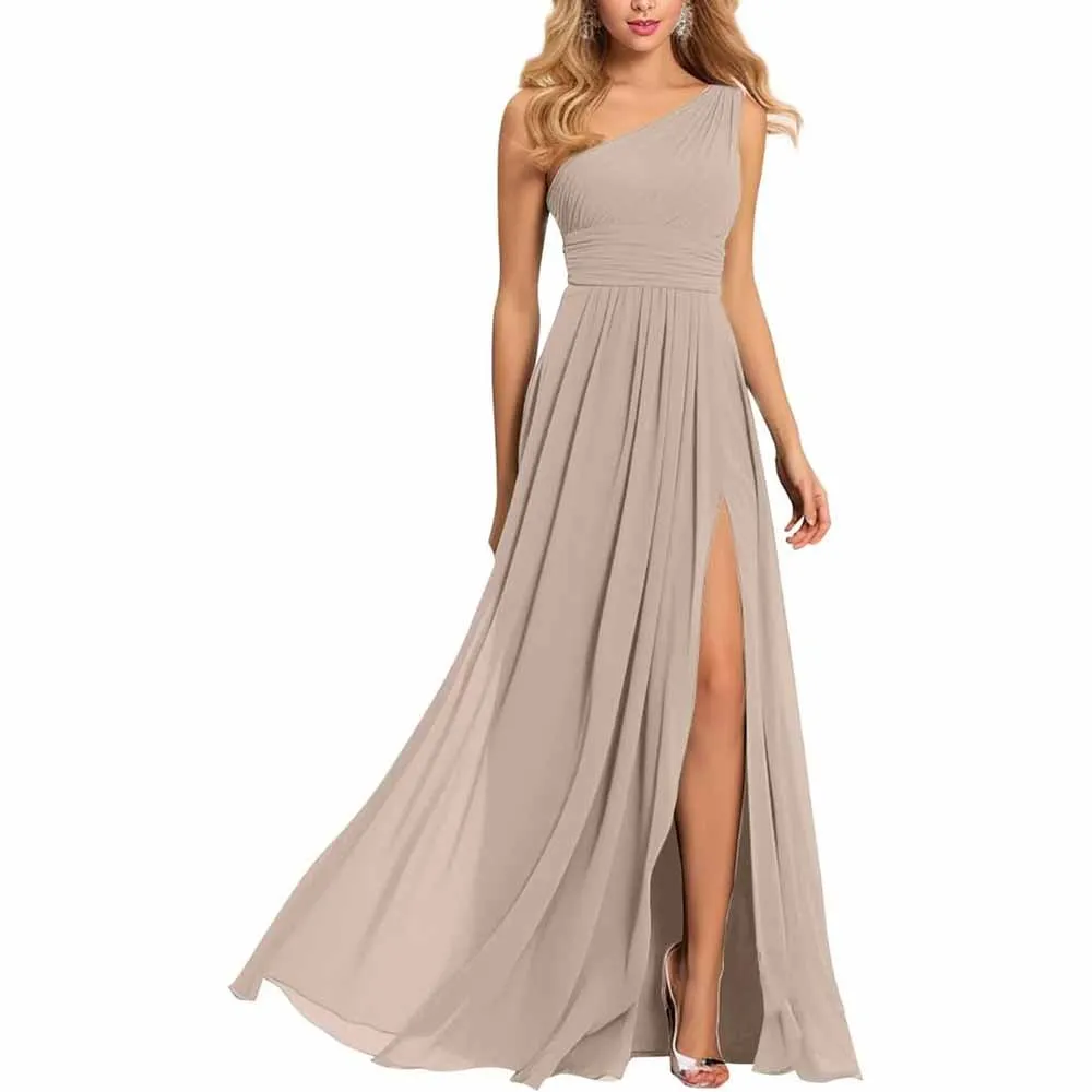 One Shoulder Bridesmaid Dresses Wedding Chiffon Pleated Prom Dress with Slit Wedding Gowns