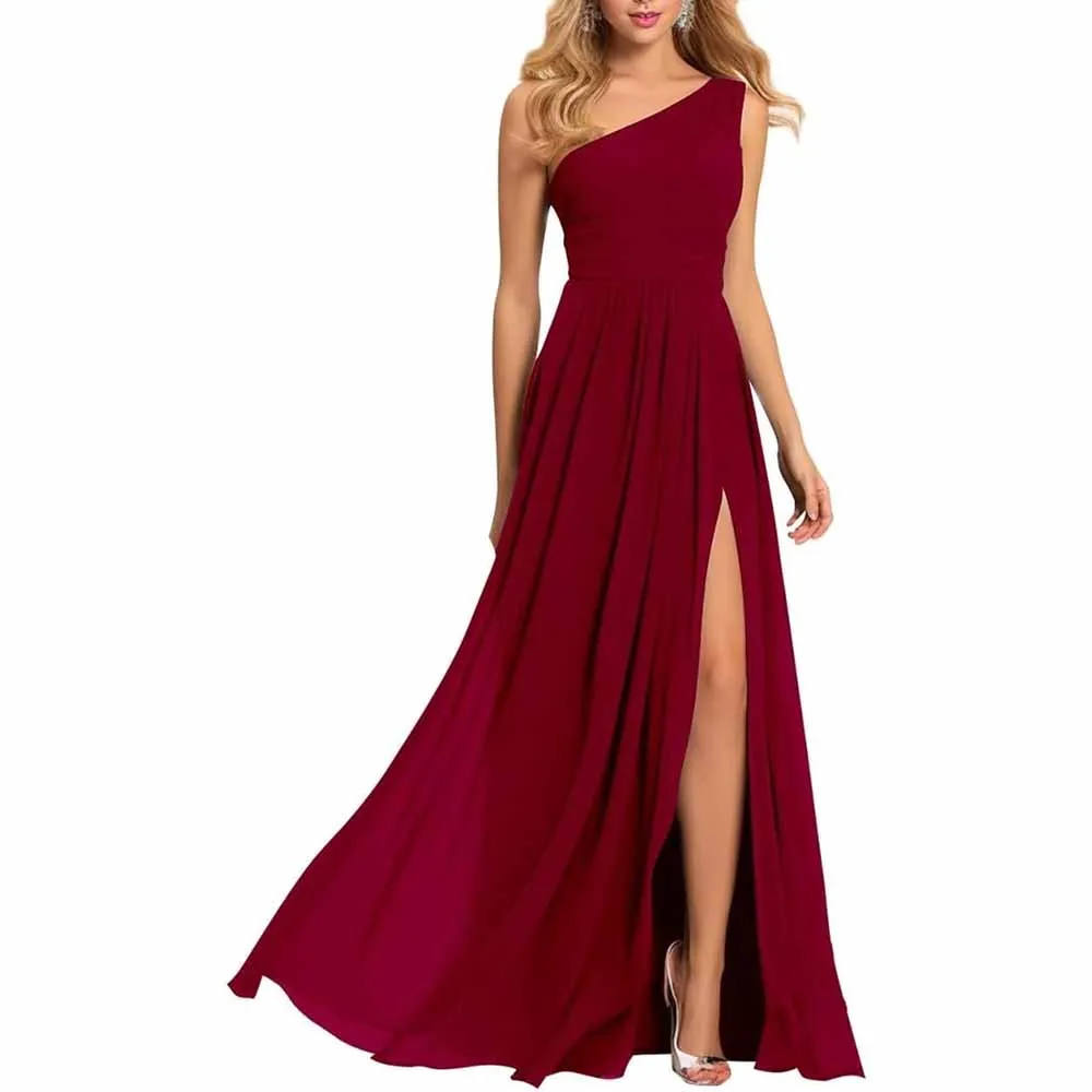 One Shoulder Bridesmaid Dresses Wedding Chiffon Pleated Prom Dress with Slit Wedding Gowns