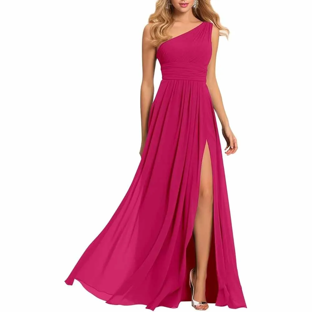 One Shoulder Bridesmaid Dresses Wedding Chiffon Pleated Prom Dress with Slit Wedding Gowns