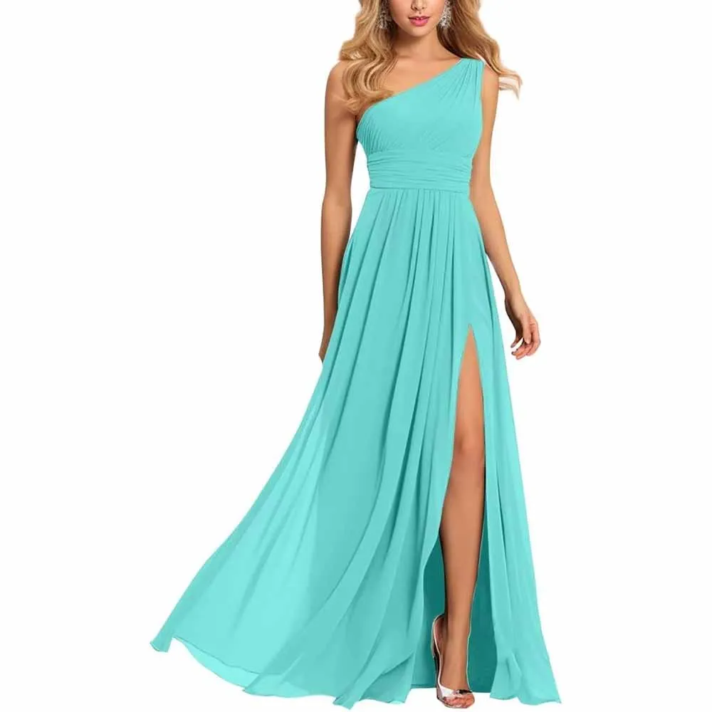 One Shoulder Bridesmaid Dresses Wedding Chiffon Pleated Prom Dress with Slit Wedding Gowns