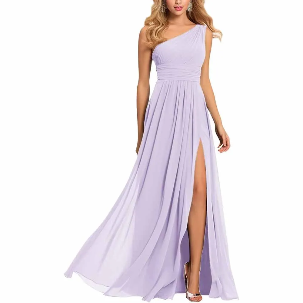 One Shoulder Bridesmaid Dresses Wedding Chiffon Pleated Prom Dress with Slit Wedding Gowns