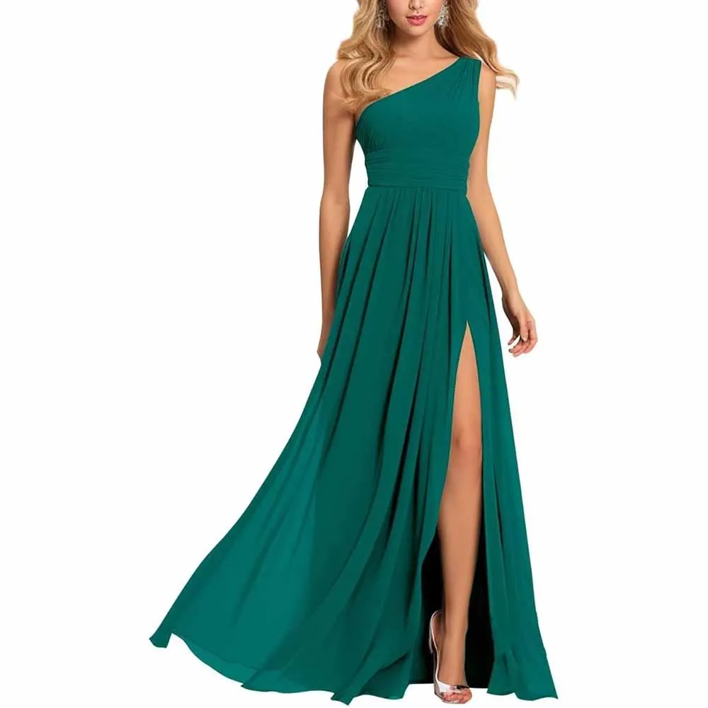 One Shoulder Bridesmaid Dresses Wedding Chiffon Pleated Prom Dress with Slit Wedding Gowns