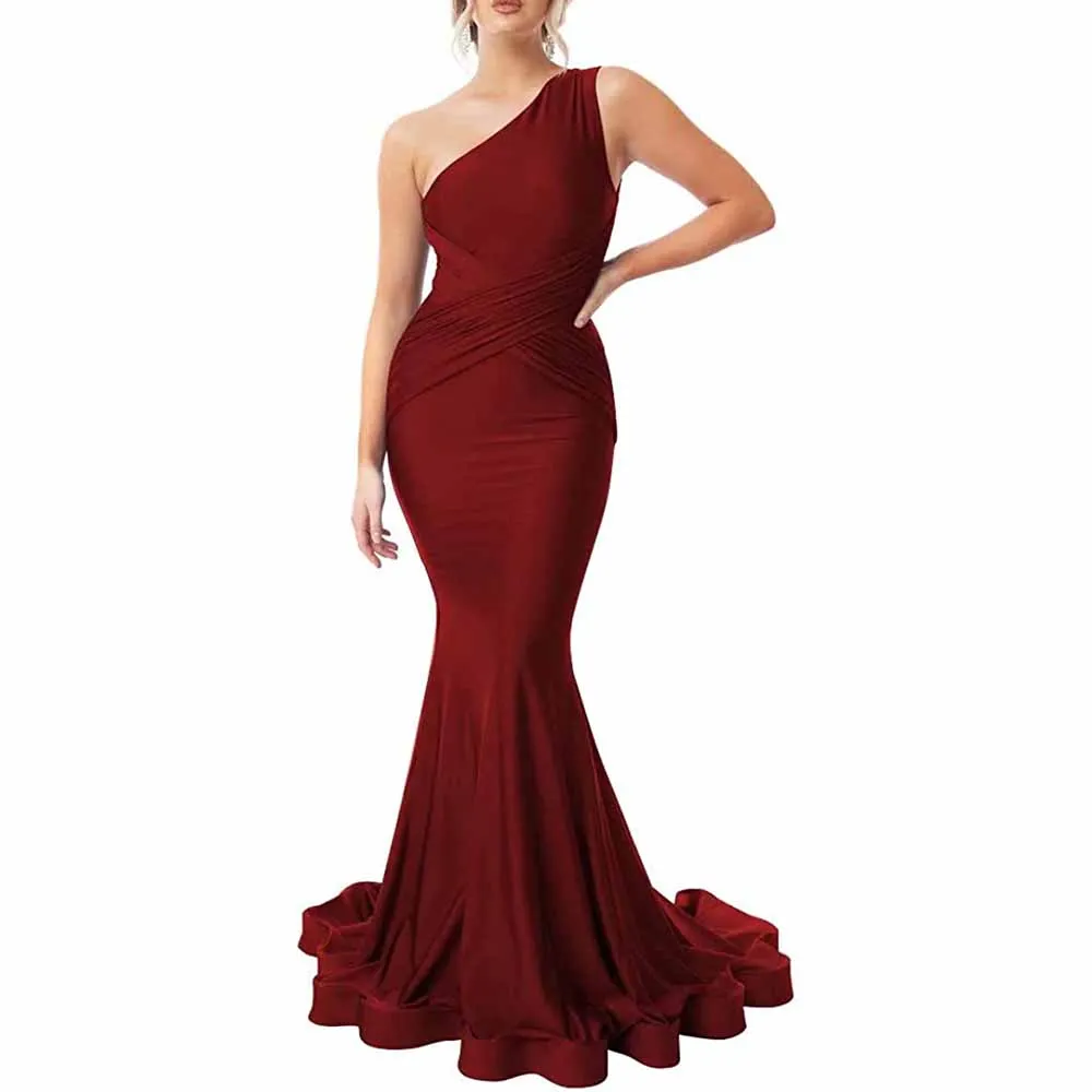 One Shoulder Mermaid Bridesmaid Dresses Ruched Bodycon Prom Dress Long Formal Evening Gowns