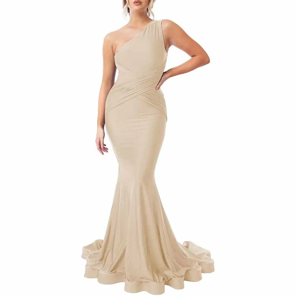 One Shoulder Mermaid Bridesmaid Dresses Ruched Bodycon Prom Dress Long Formal Evening Gowns