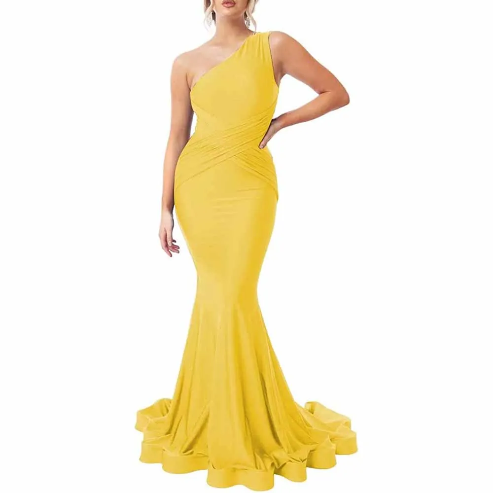 One Shoulder Mermaid Bridesmaid Dresses Ruched Bodycon Prom Dress Long Formal Evening Gowns