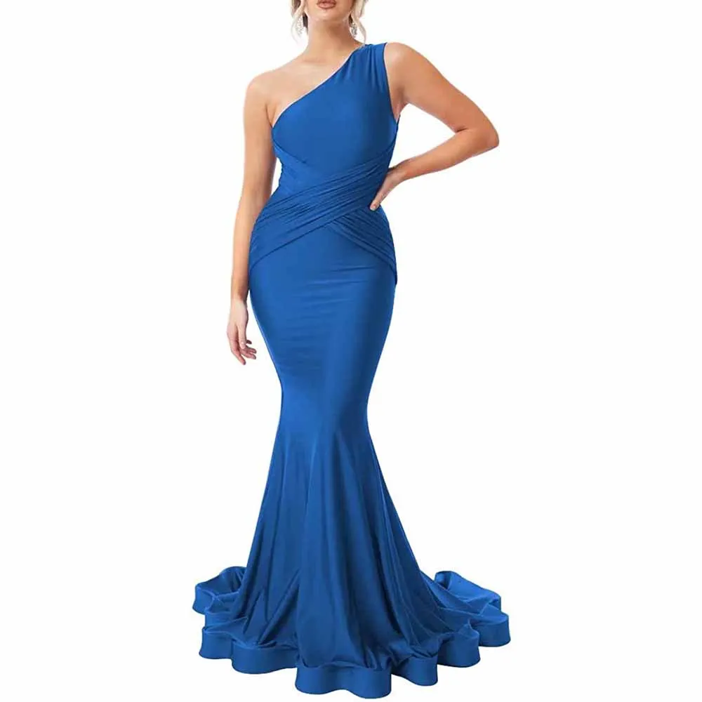 One Shoulder Mermaid Bridesmaid Dresses Ruched Bodycon Prom Dress Long Formal Evening Gowns