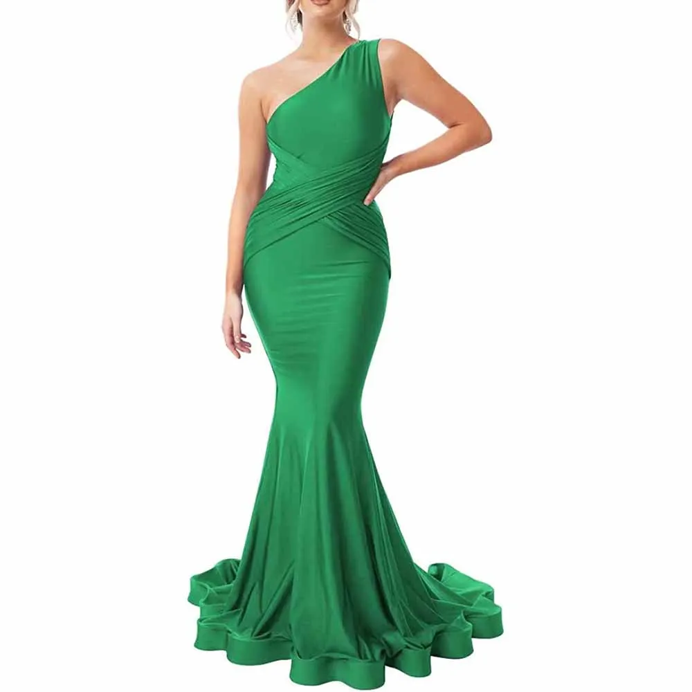 One Shoulder Mermaid Bridesmaid Dresses Ruched Bodycon Prom Dress Long Formal Evening Gowns