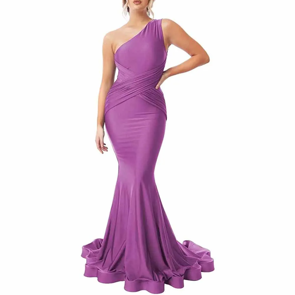 One Shoulder Mermaid Bridesmaid Dresses Ruched Bodycon Prom Dress Long Formal Evening Gowns