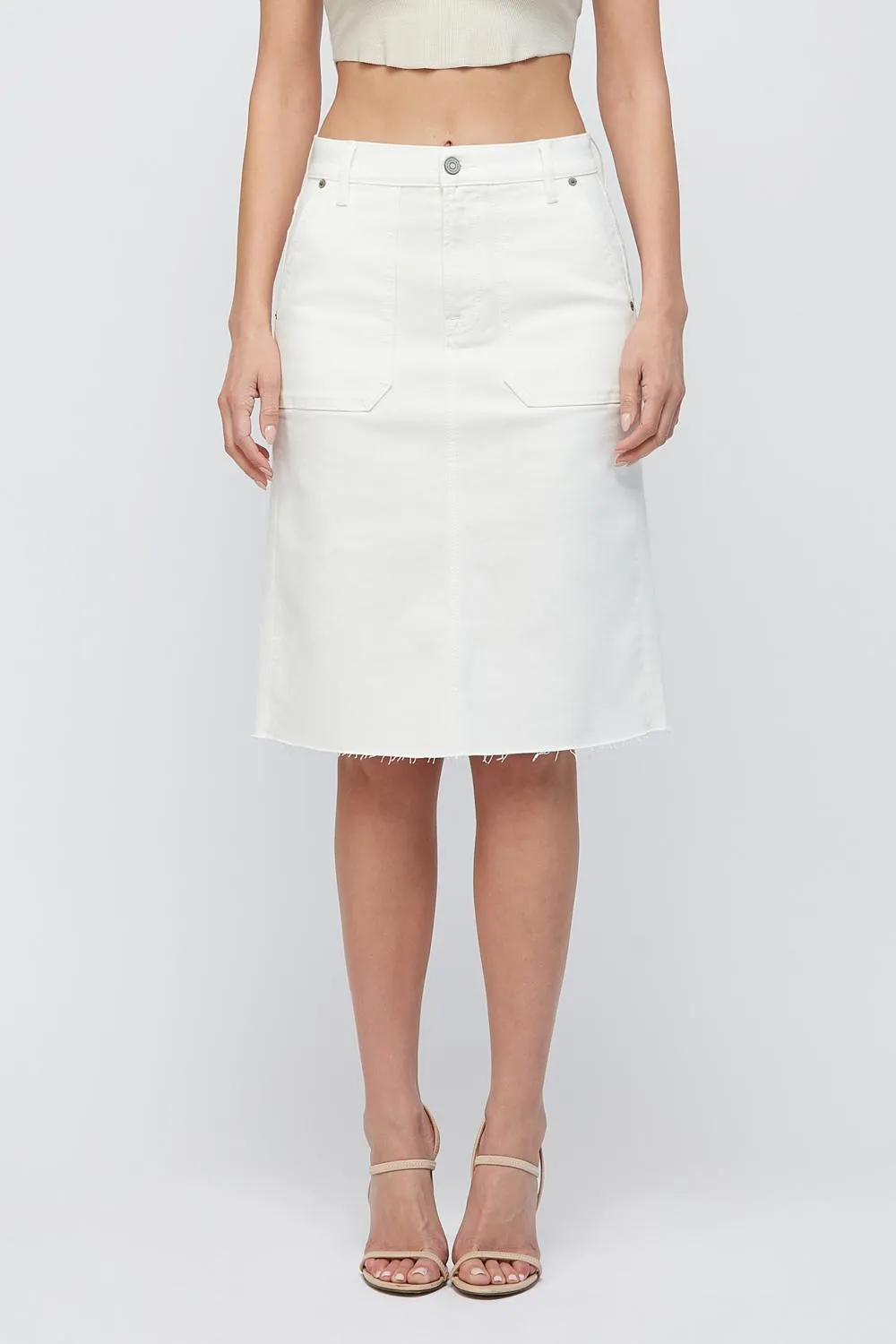 [Peyton] Raw Hem Denim Midi Skirt