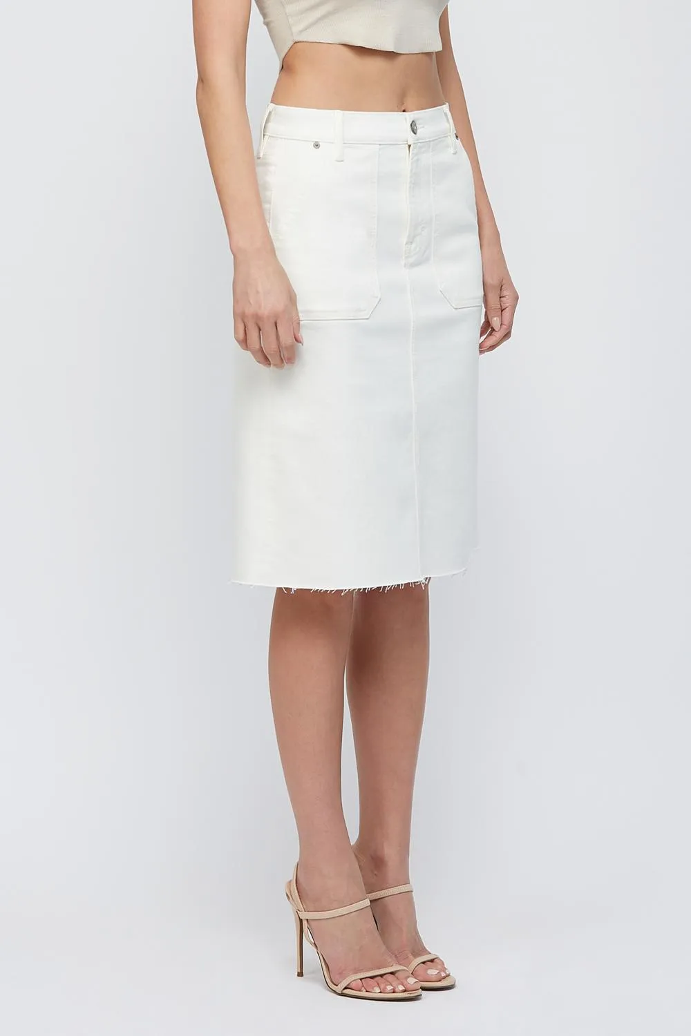 [Peyton] Raw Hem Denim Midi Skirt