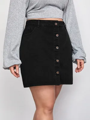 Plain Button Front High Waist Short Plus Size Denim Skirt