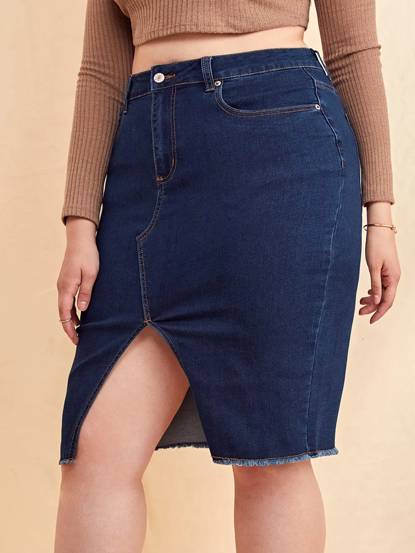 Plain Zipper High Waist Knee Length Plus Size Denim Skirt