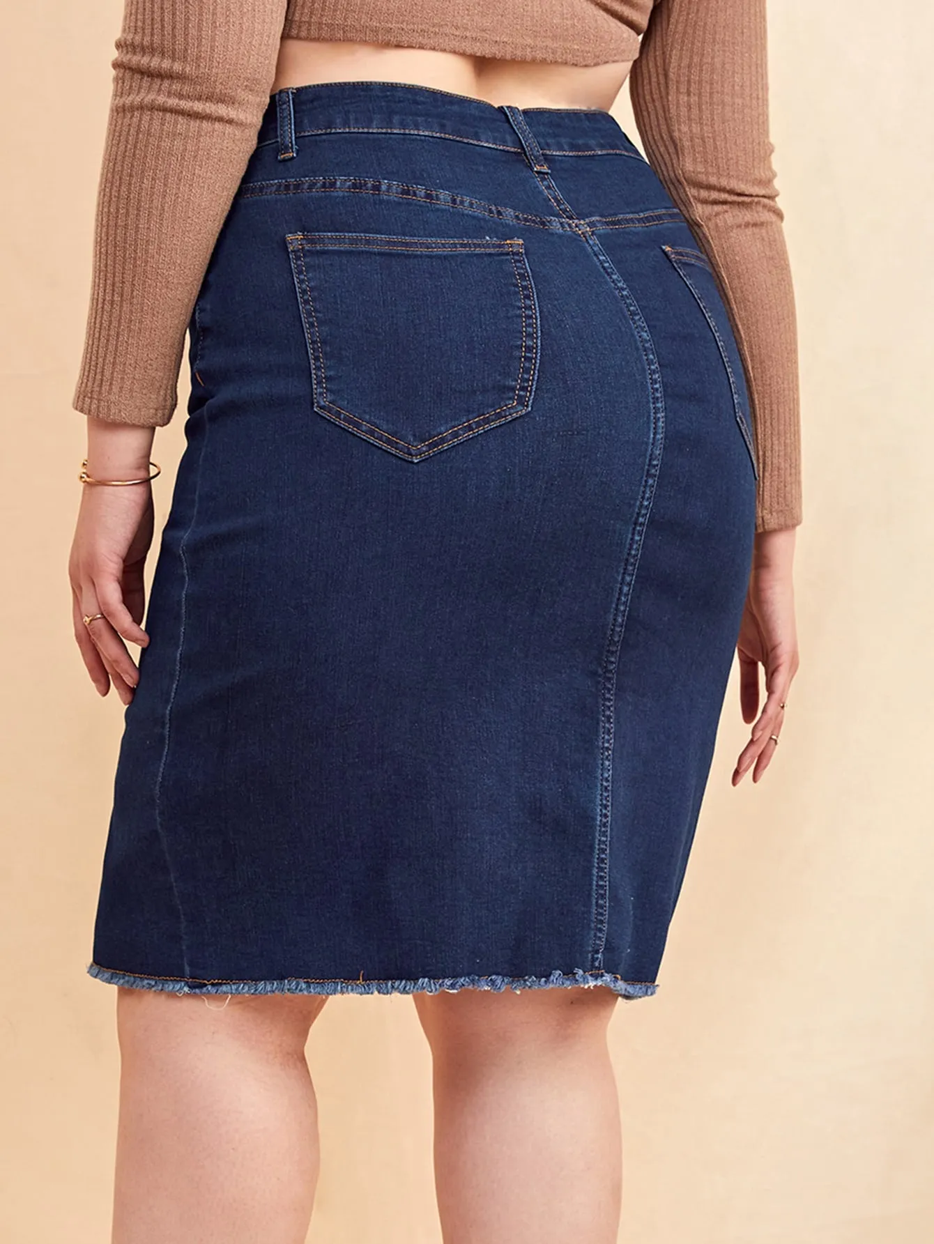 Plain Zipper High Waist Knee Length Plus Size Denim Skirt