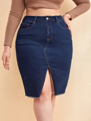 Plain Zipper High Waist Knee Length Plus Size Denim Skirt