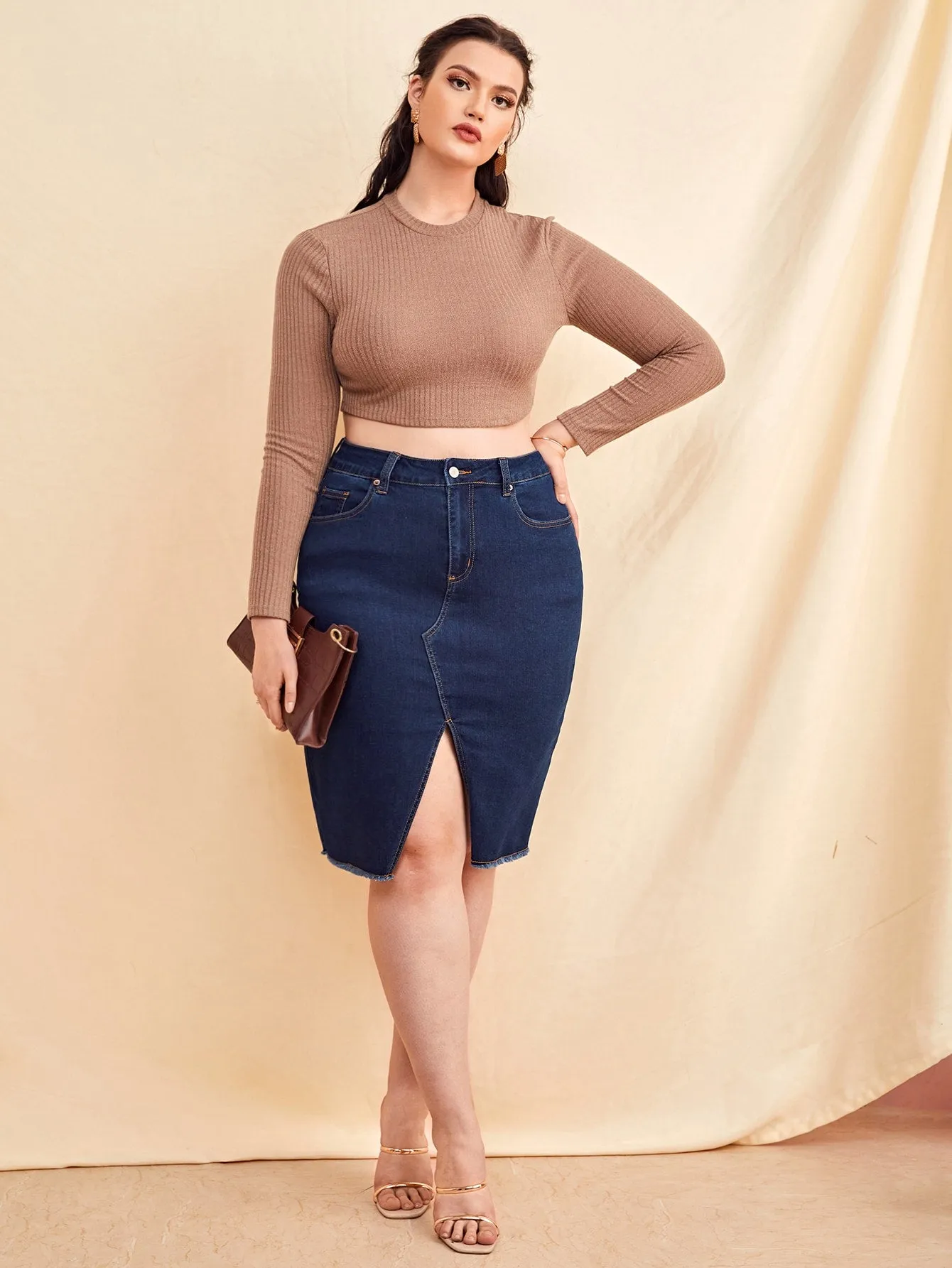 Plain Zipper High Waist Knee Length Plus Size Denim Skirt