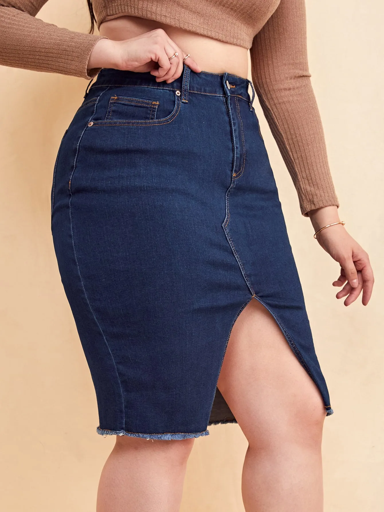 Plain Zipper High Waist Knee Length Plus Size Denim Skirt