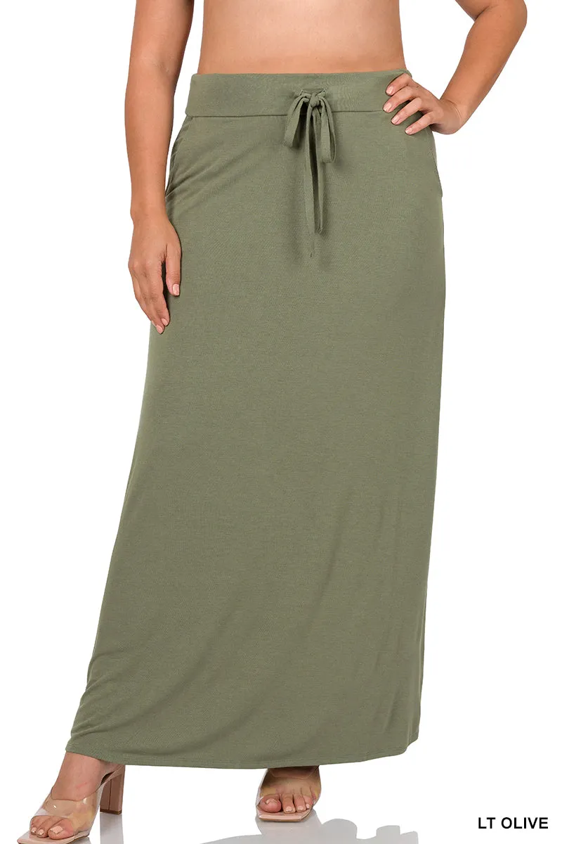 Plus Relaxed Drawstring Waist Draped Basic Maxi Skirts with Side Pockets