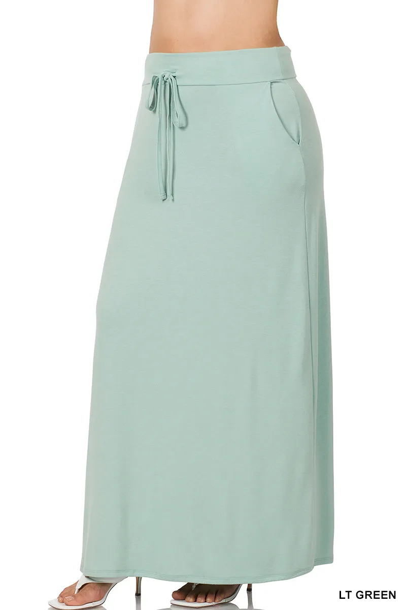 Plus Relaxed Drawstring Waist Draped Basic Maxi Skirts with Side Pockets