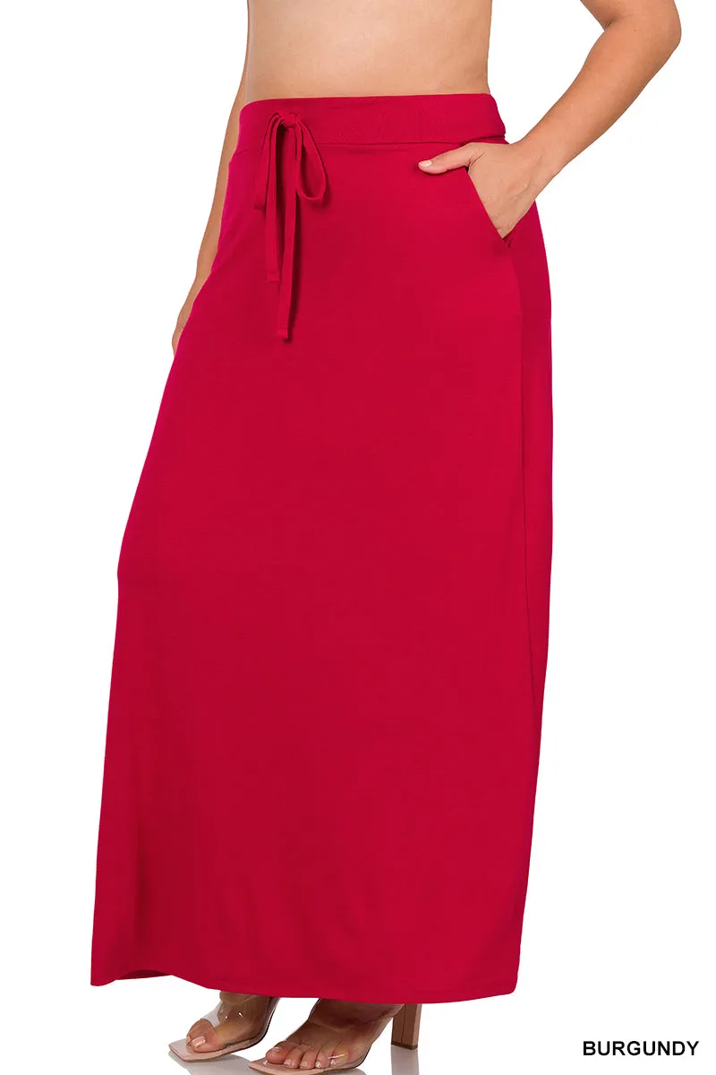 Plus Relaxed Drawstring Waist Draped Basic Maxi Skirts with Side Pockets