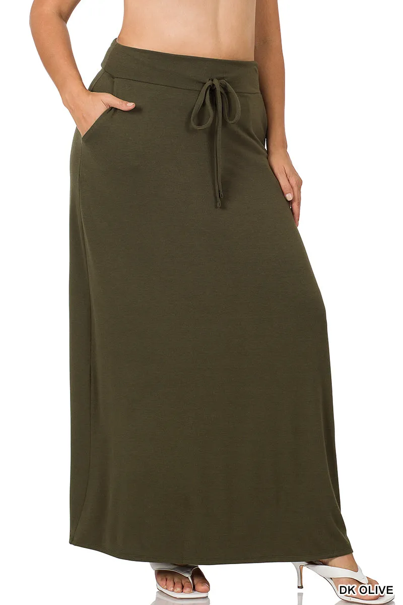 Plus Relaxed Drawstring Waist Draped Basic Maxi Skirts with Side Pockets