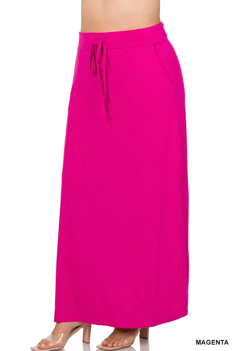 Plus Relaxed Drawstring Waist Draped Basic Maxi Skirts with Side Pockets