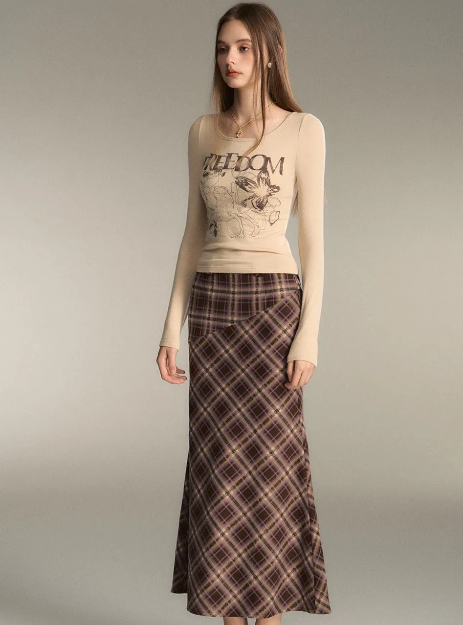 Retro Brown Check Long Mermaid Skirt