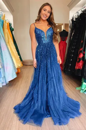 Shiny Blue Tulle Formal Prom Dresses With Sequins