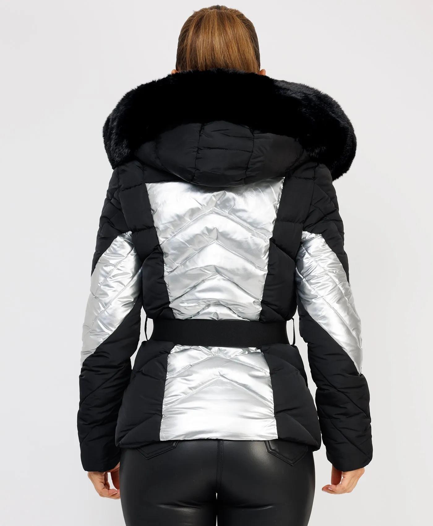 Silver Metallic Quilted Padded Belted Ski Jacket