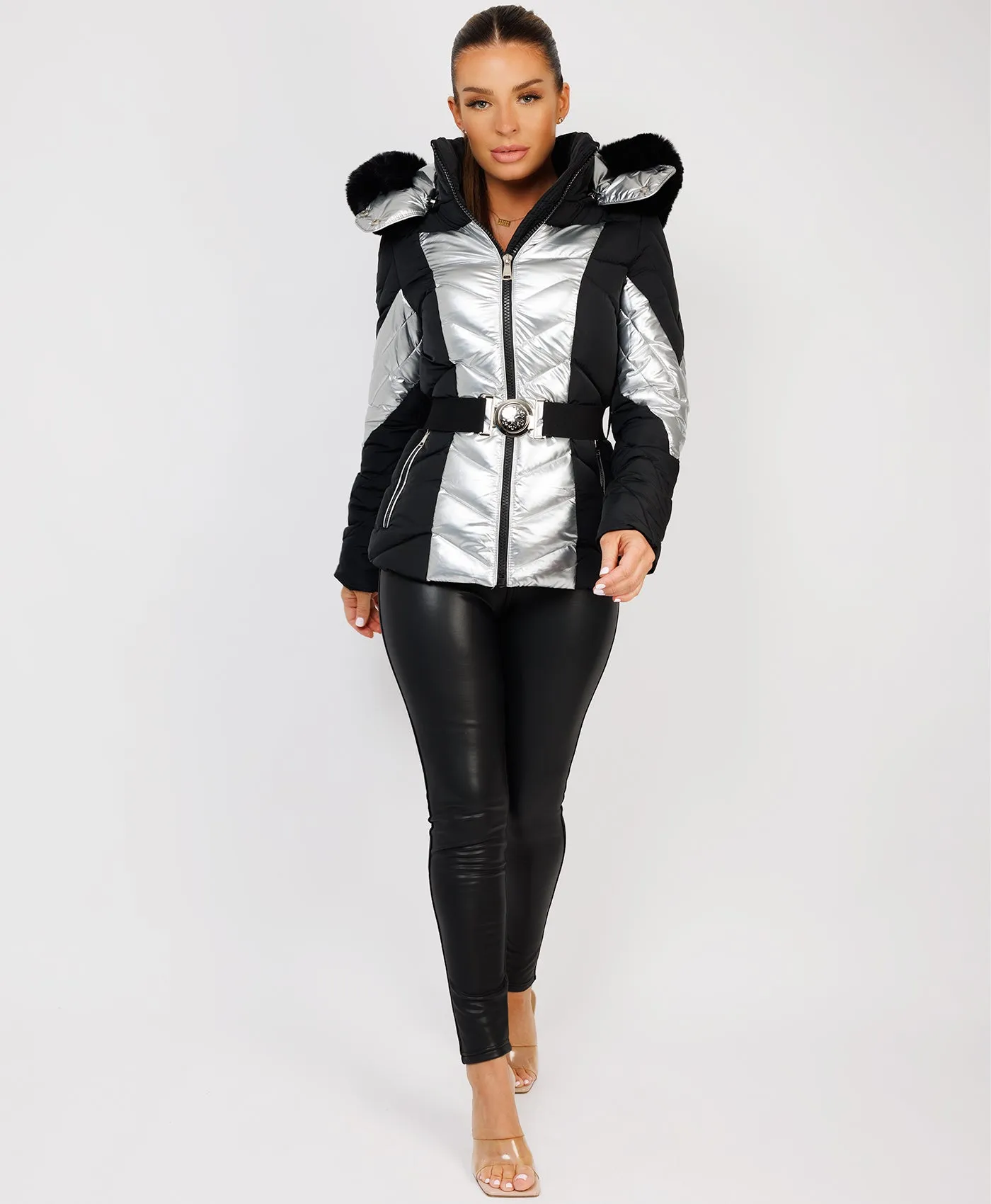 Silver Metallic Quilted Padded Belted Ski Jacket