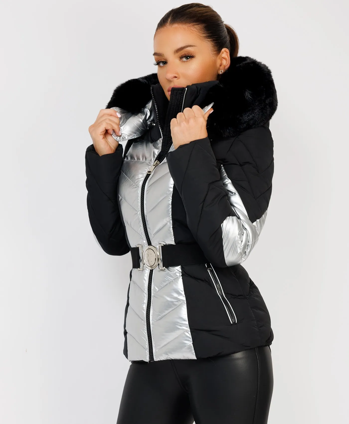 Silver Metallic Quilted Padded Belted Ski Jacket