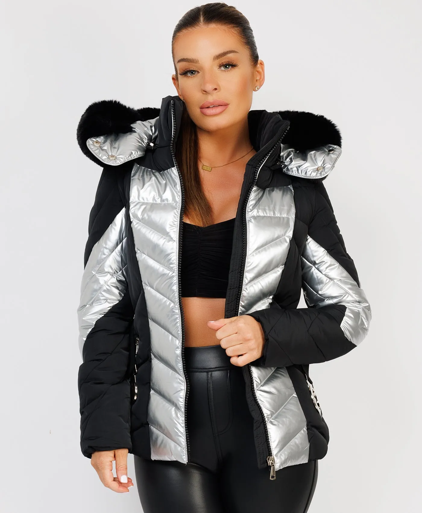 Silver Metallic Quilted Padded Belted Ski Jacket