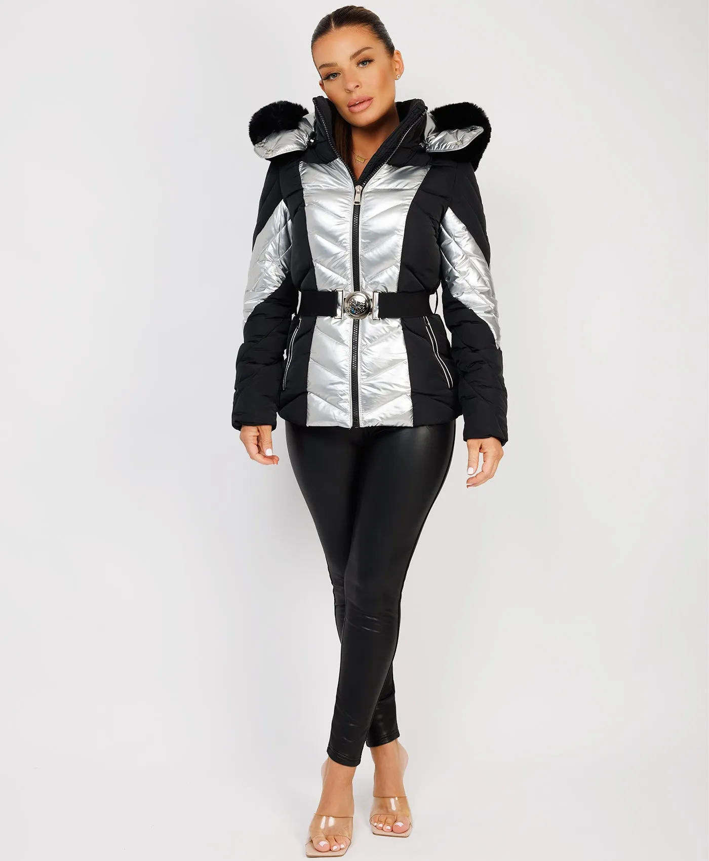 Silver Metallic Quilted Padded Belted Ski Jacket