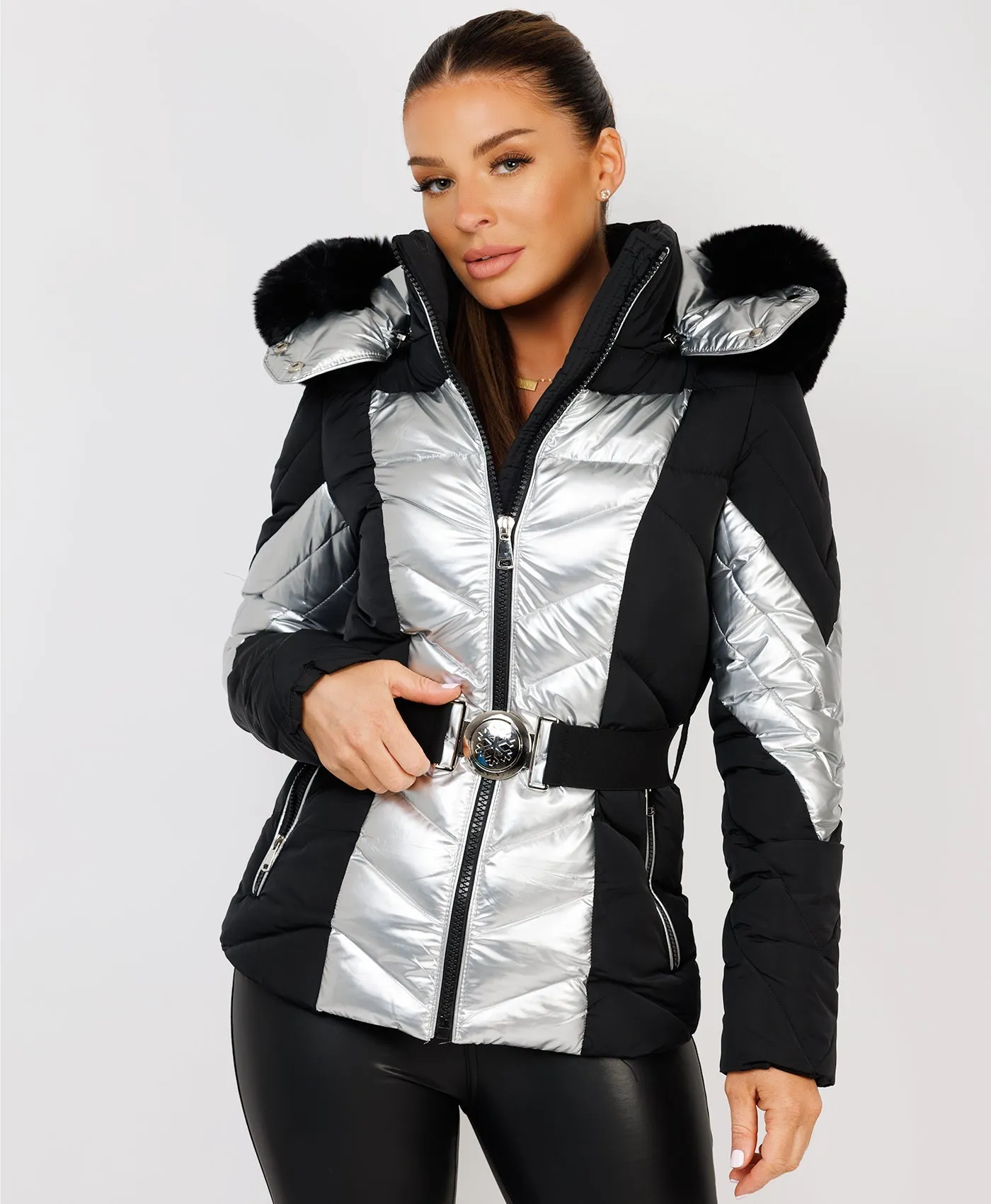 Silver Metallic Quilted Padded Belted Ski Jacket