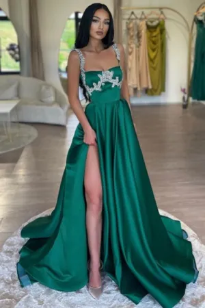 Stunning Long Dark Green A-line Sleeveless Rhinestones Satin Prom Dress with Slit