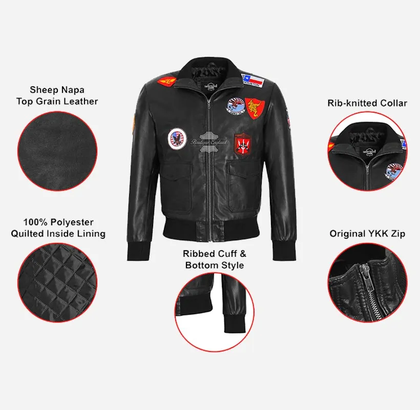 TOP GUN Black Leather Bomber Jacket with Badges For Men